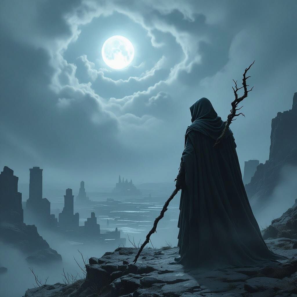 Cloaked Figure Overlooking Ancient Ruins in Dark Fantasy Sty...