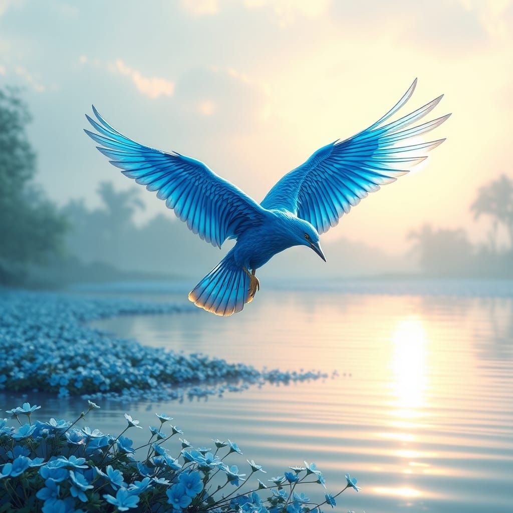 Blue Bird Soaring Above Glowing River as 3D Anime Art
