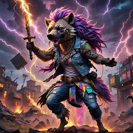 Furry Hyena Warrior with Lightning Claymore in Rainbow Hell