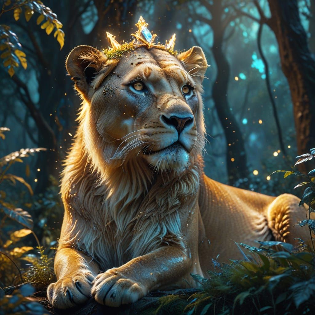Ethereal Lioness on Throne in Bioluminescent Forest