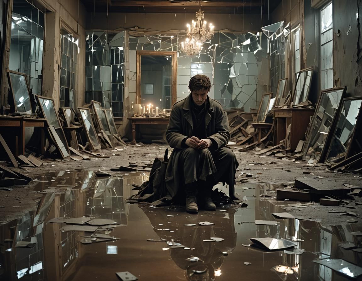 Dystopian Room with Broken Mirrors: Surreal Melancholy