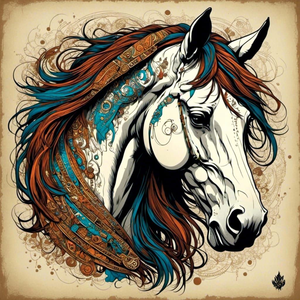 Wild Horse with Aztec Background in Screen Print Style