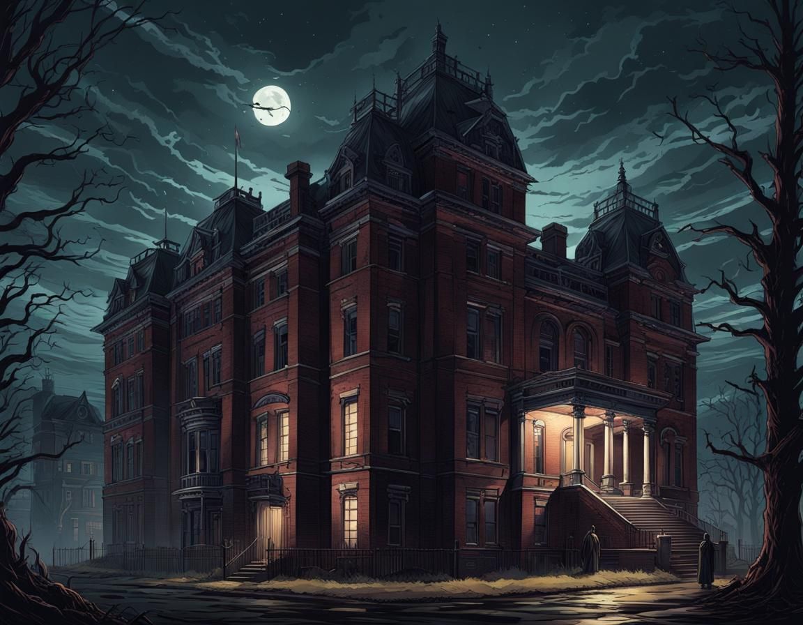 Spooky Victorian Hospital Exterior at Night