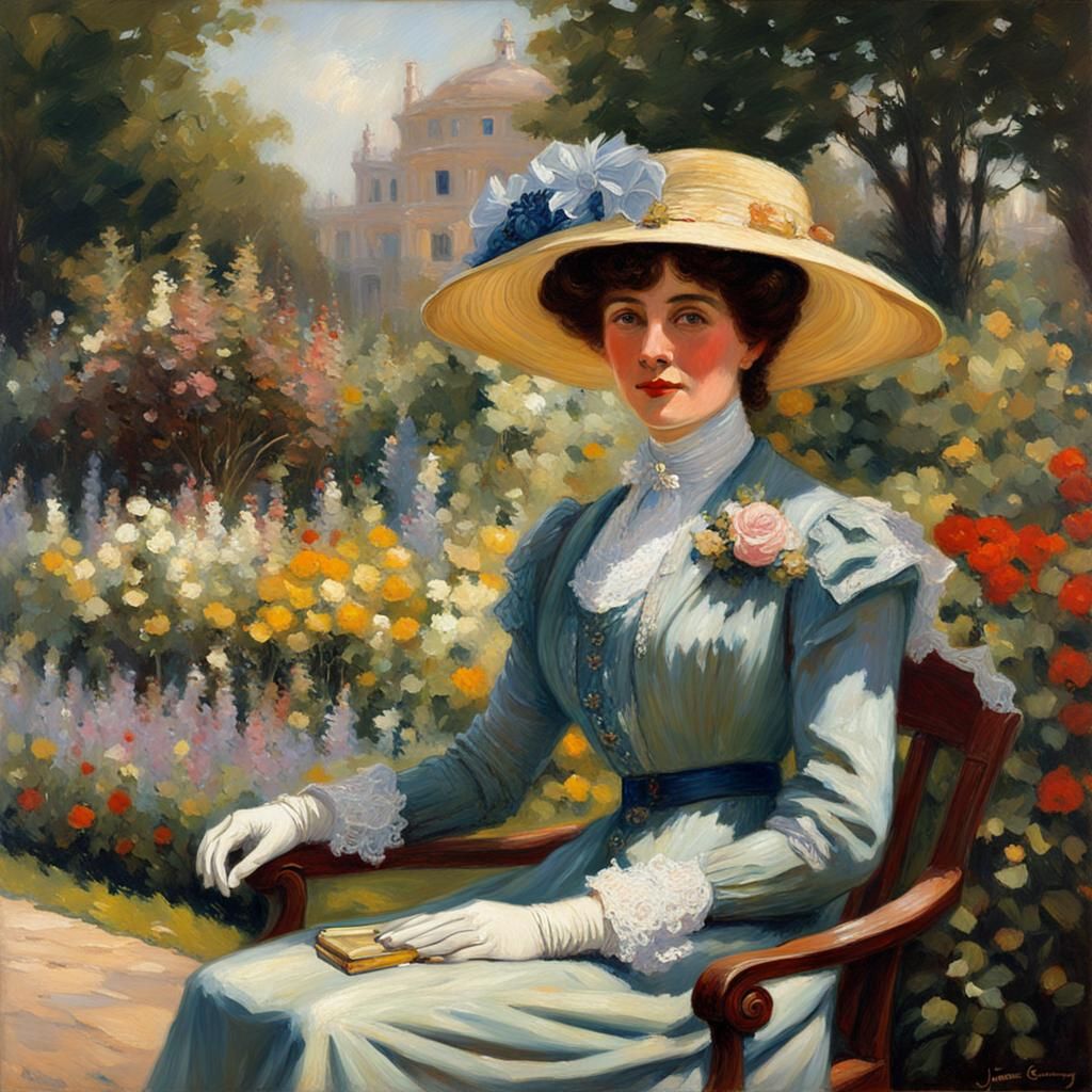 Elegant Lady in Garden: Oil Painting Style