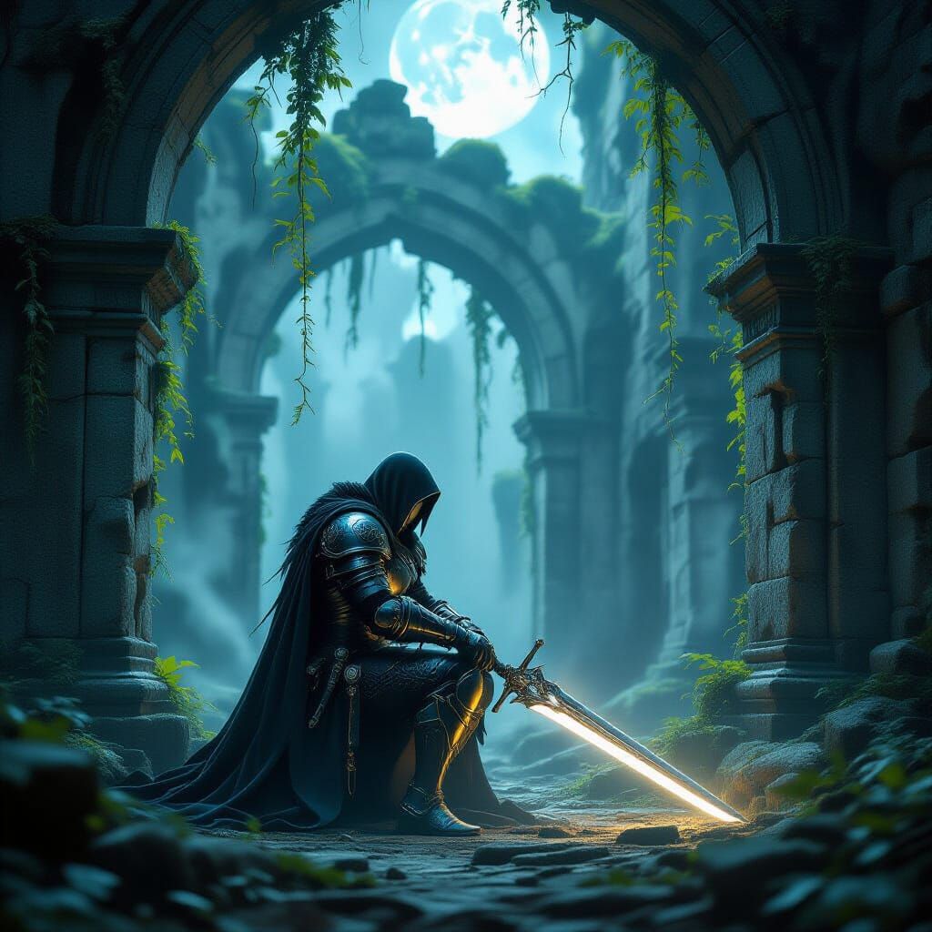 Dark Knight Kneels in Ancient Moonlit Temple Ruins