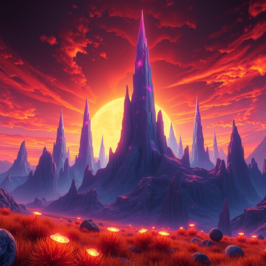 Surreal Sunset Landscape with Iridescent Spires and Glowing ...