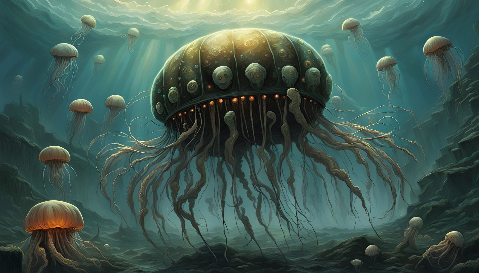 Cybernetic Clown Jellyfish in Horror Style