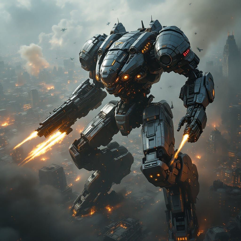 Epic Battle Mech Over War-Torn City