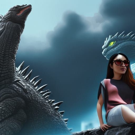 Japanese Woman and Godzilla in Detailed Digital Painting