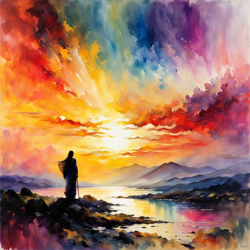 Cosmic Sunset Landscape with Ethereal Figures