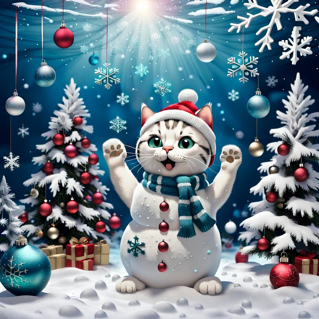 Underwater Cat Snowman Christmas Scene