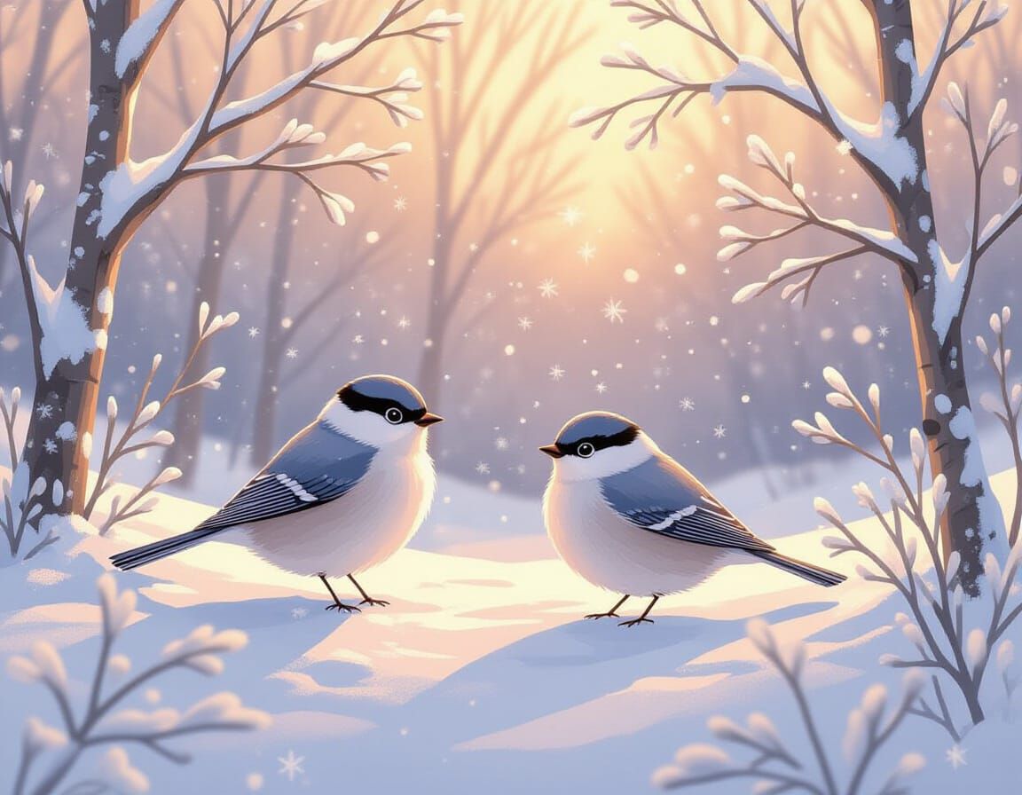 Winter Birds in Snowscape, Whimsical Cartoon Style