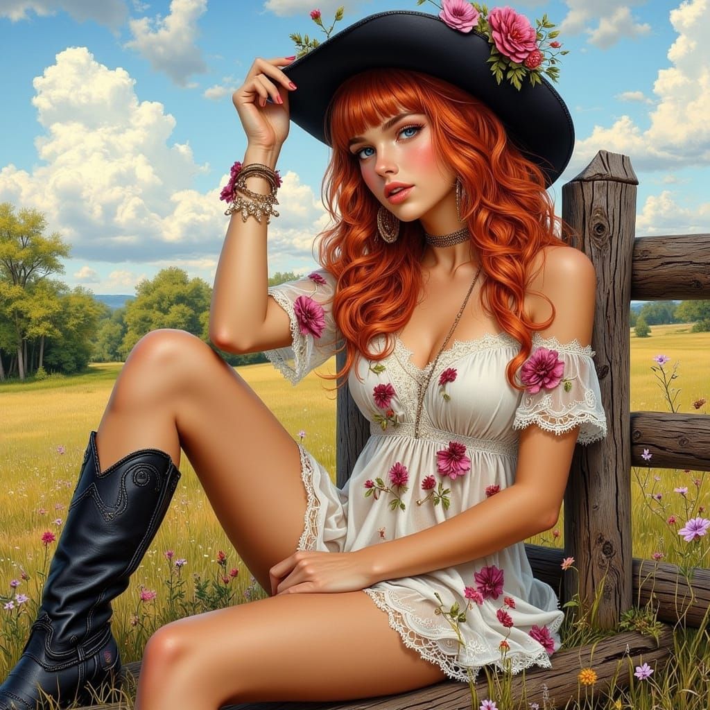 Bohemian Woman in Meadow, Vargas Inspired 3D Art