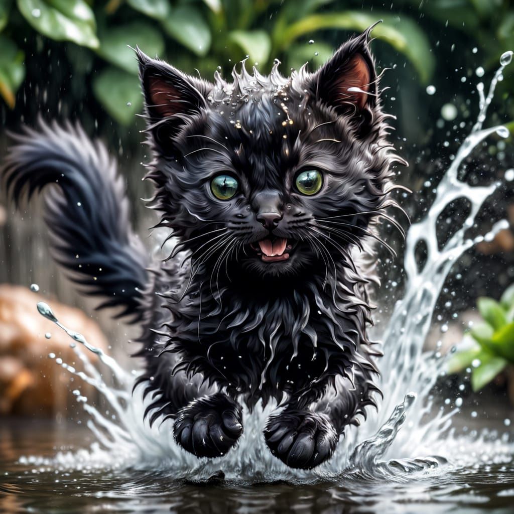 Chubby Black Kitten Plays in Water with Hyperrealistic Detai...