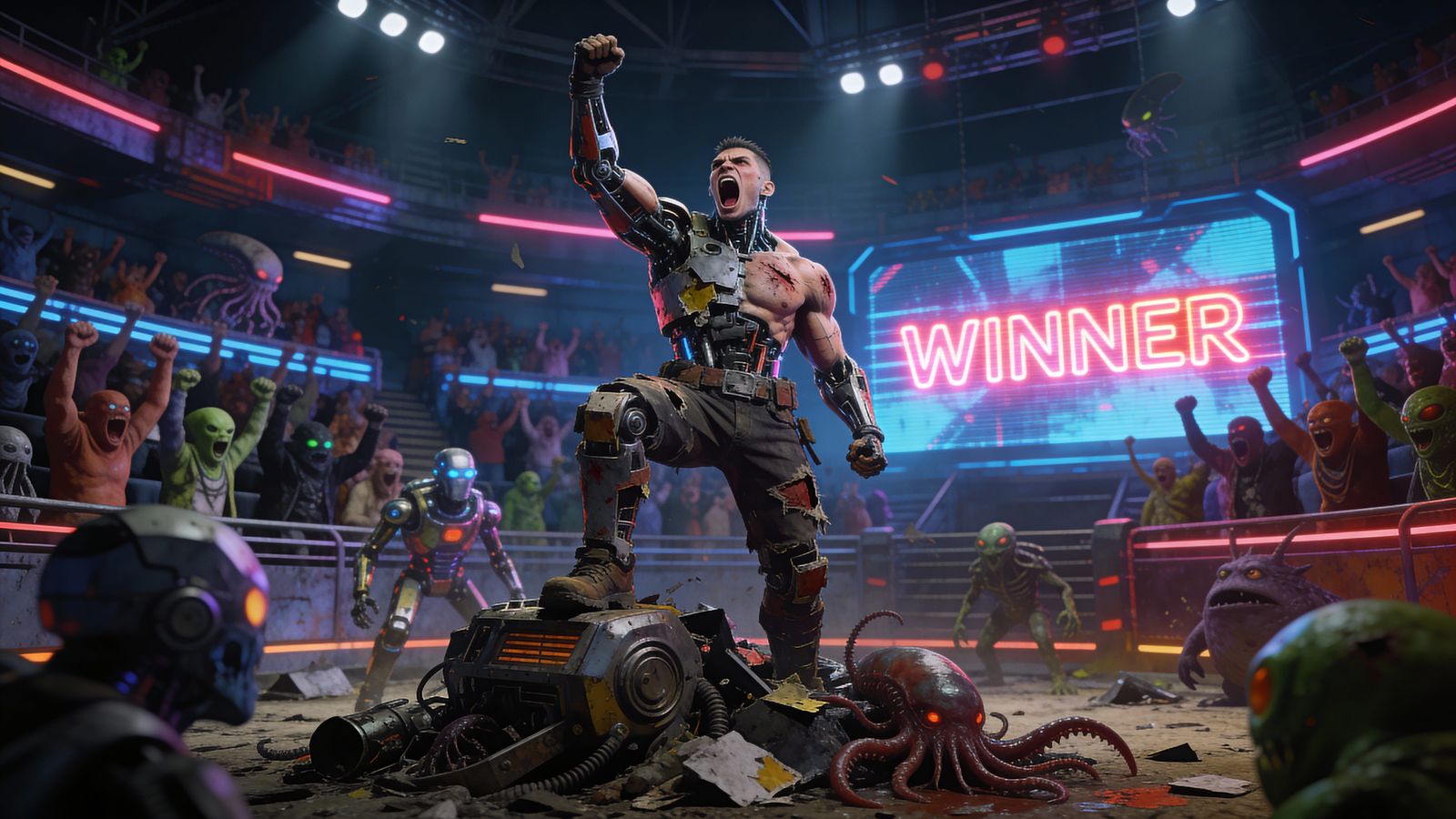 Cyberpunk Cyborg Victorious in Sci-Fi Battle Arena