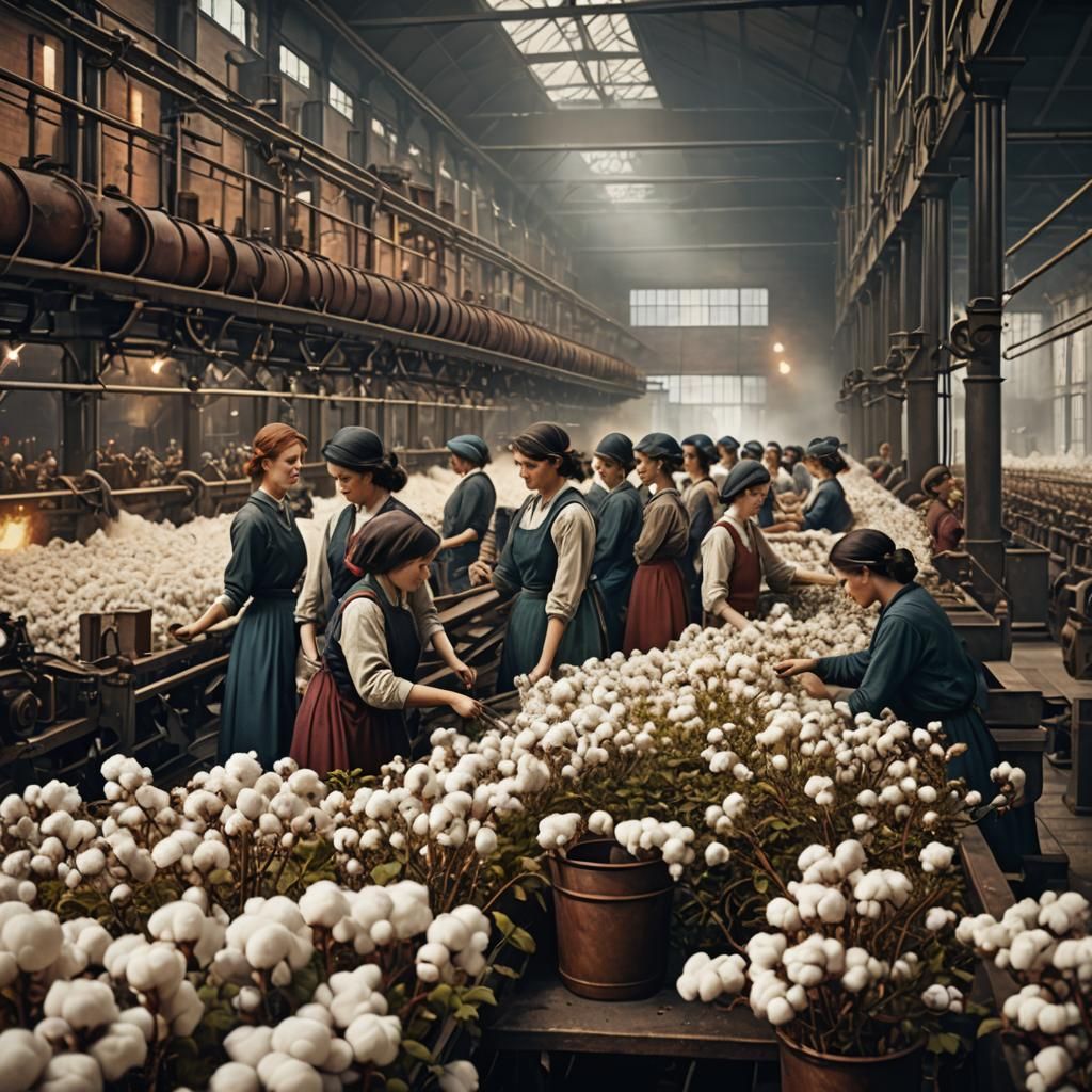 Women Factory Workers in Cotton Mill, Matte Painting