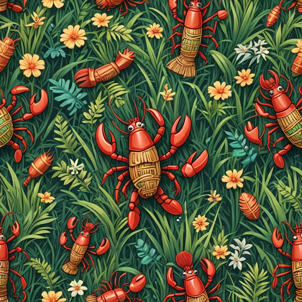Vibrant Cartoon Lobster in Tropical Oasis