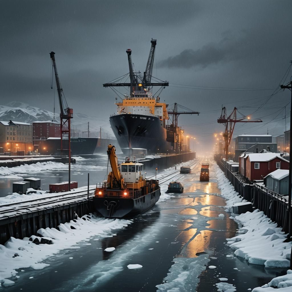 Gloomy Arctic Port at Night in Hyperrealistic Style