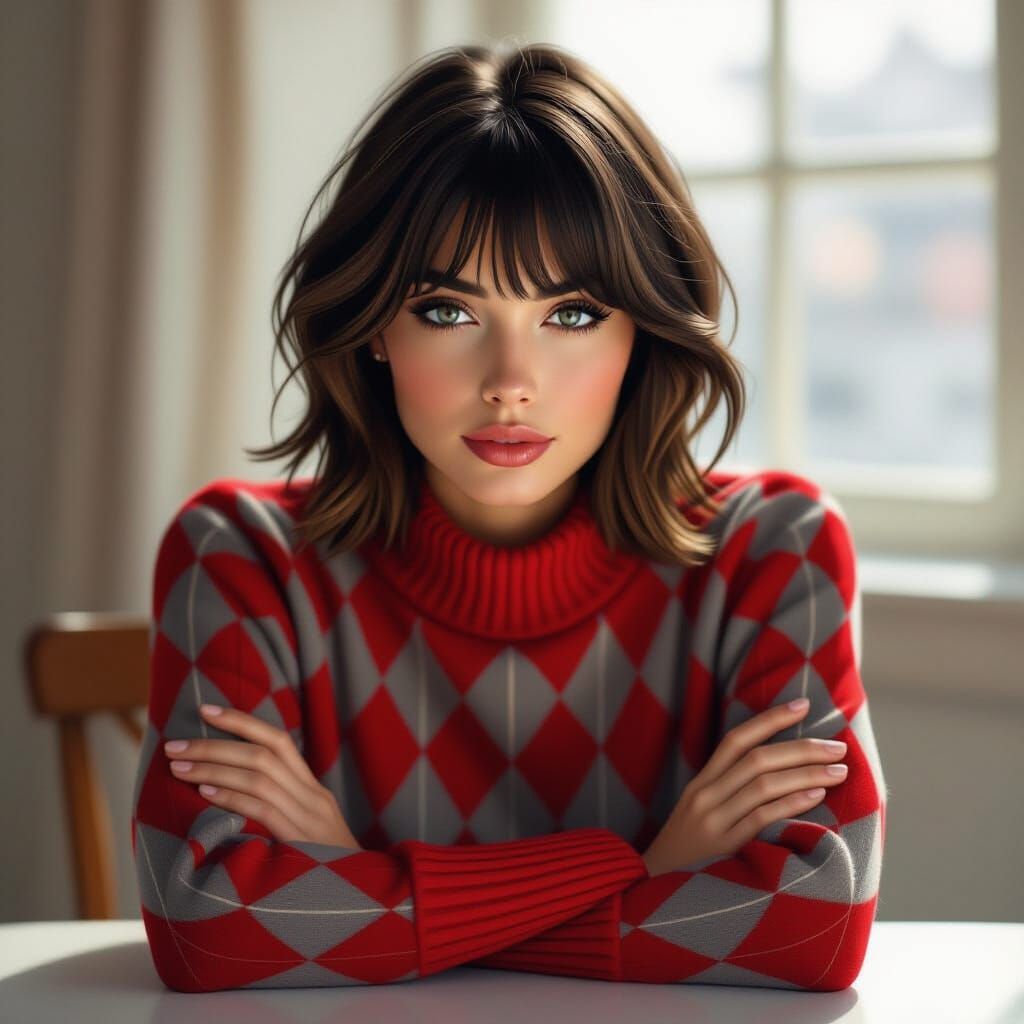 Brunette Woman in Argyle Sweaterdress, Intense Gaze