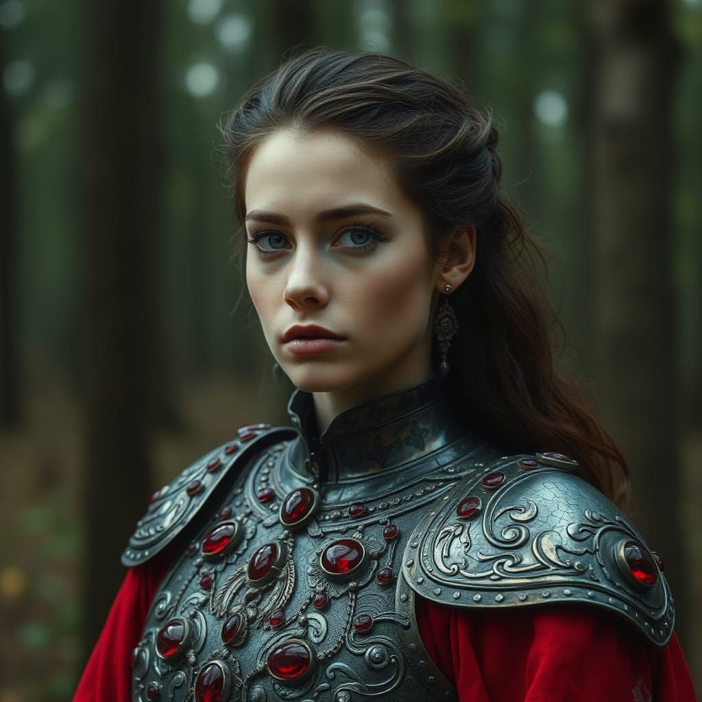 Ruby Armored Beauty in Forest After Battle
