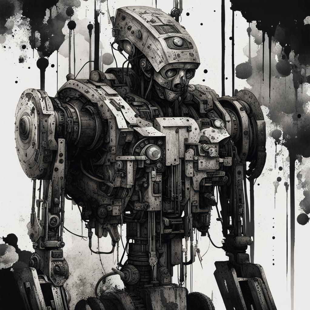 Damaged Android in Ink Painting Style