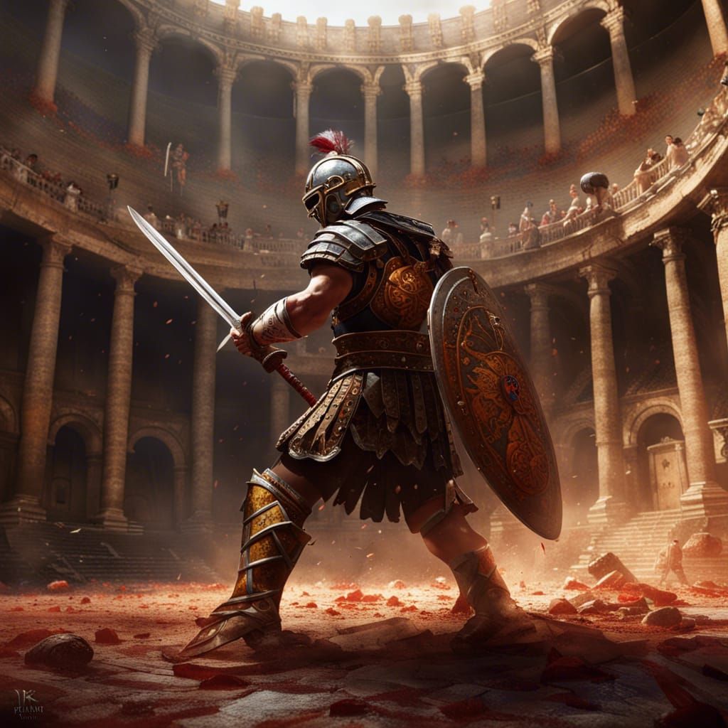 Gladiator Battles Lion in Roman Colosseum