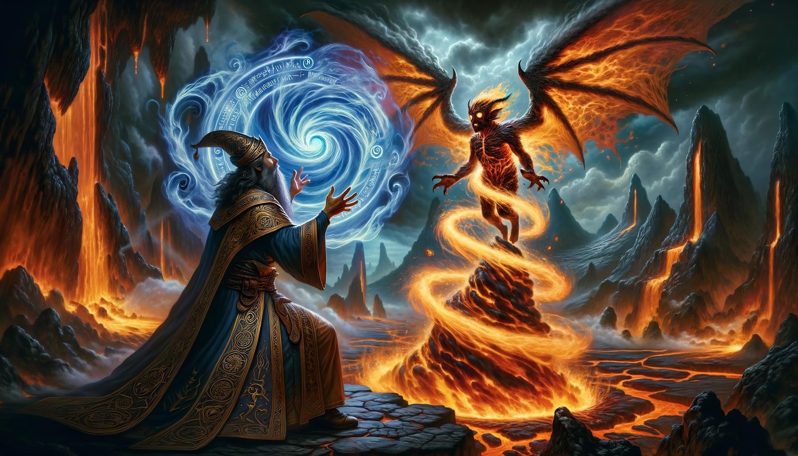 Wizard Casting Banishment Spell on Fire Mephit