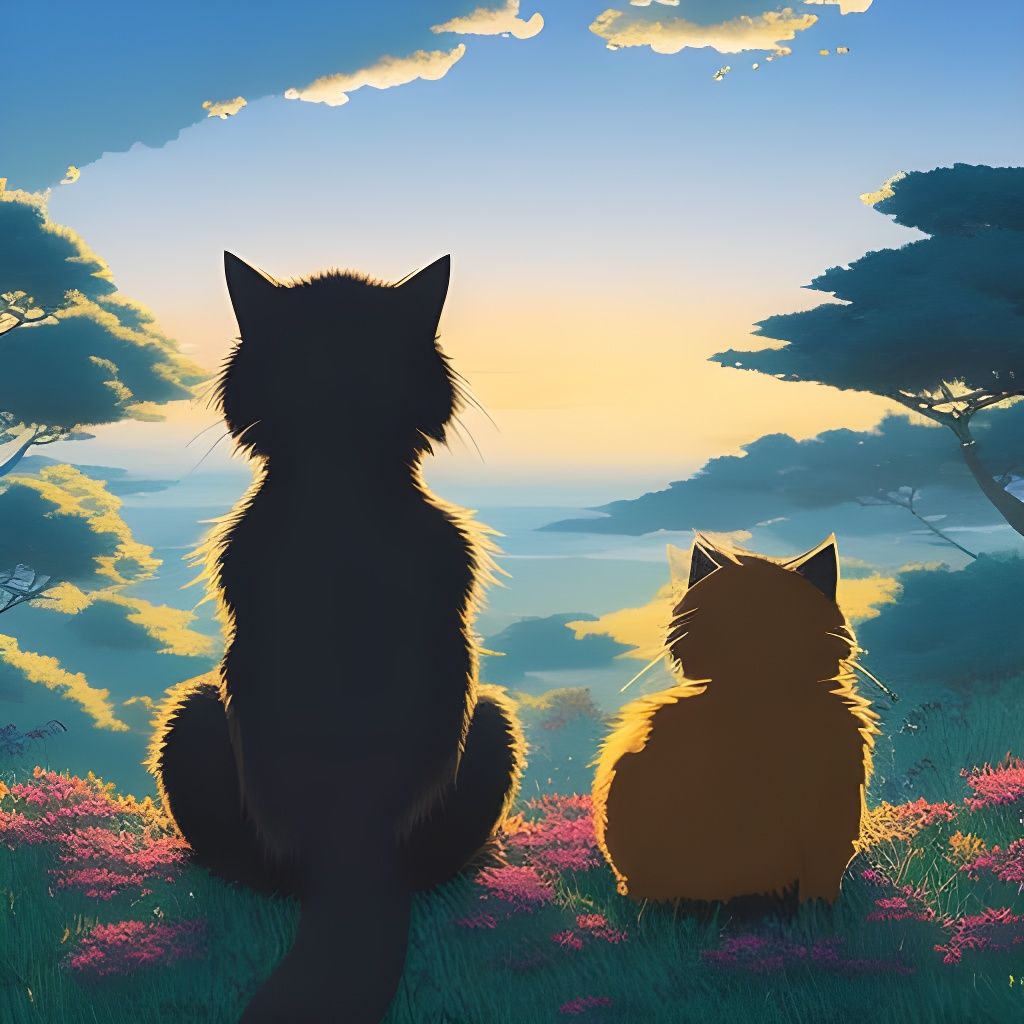 Cat and Kitten Sunset: Ghibli Anime Illustration
