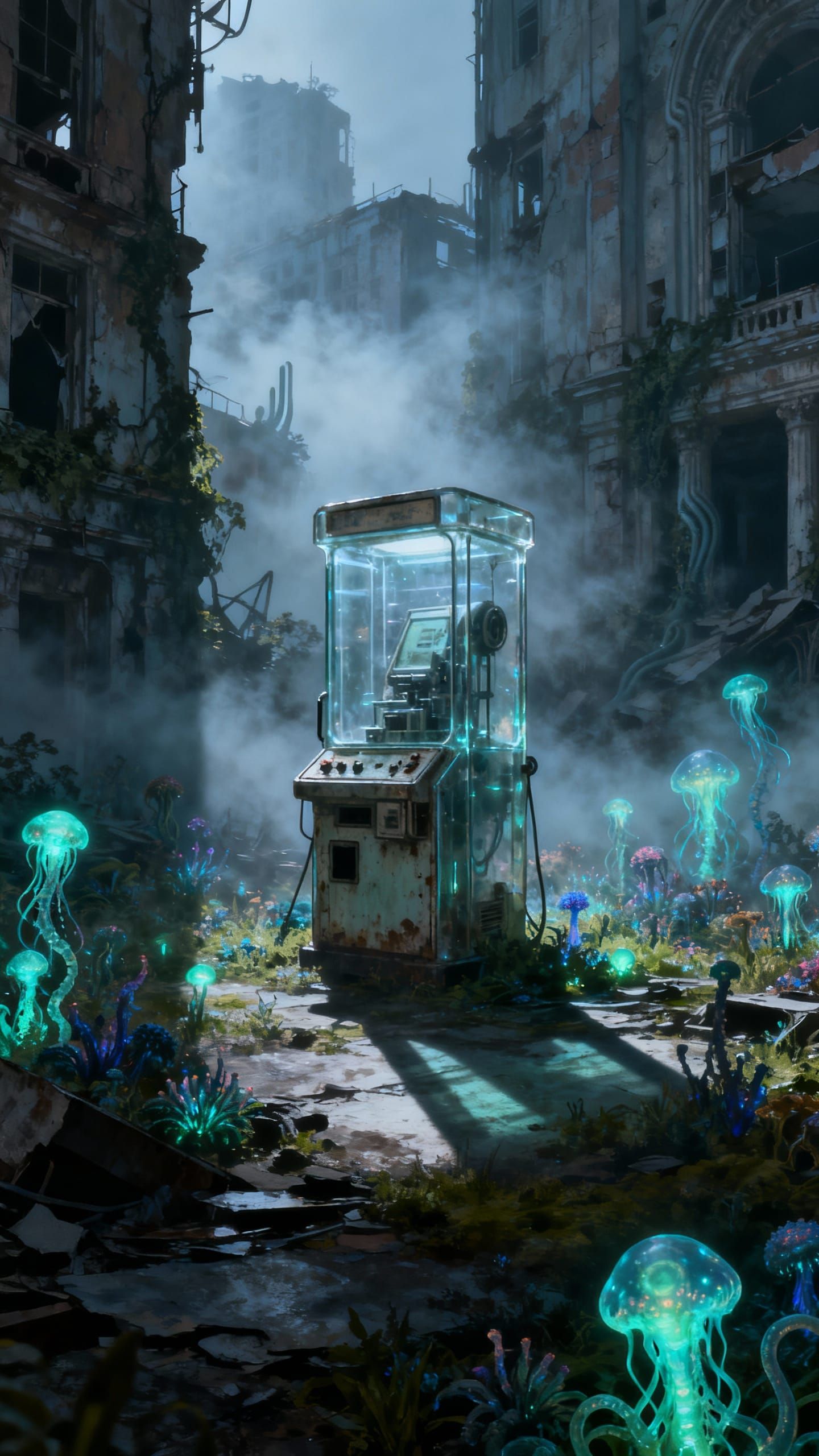 Transparent Machine in Ruined City with Alien Flora
