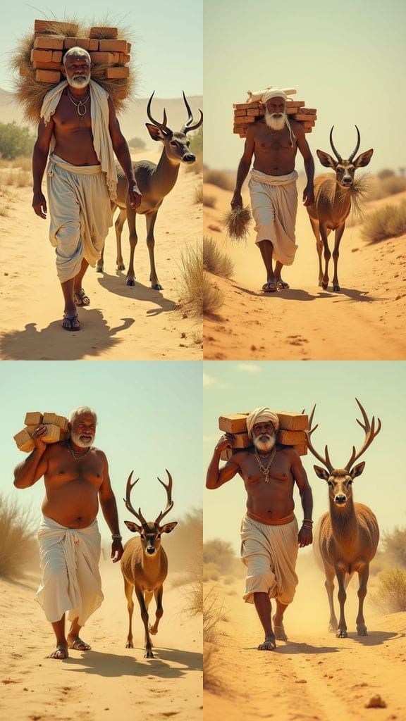 Indian Farmer Carries Bricks With Giant Deer in Desert