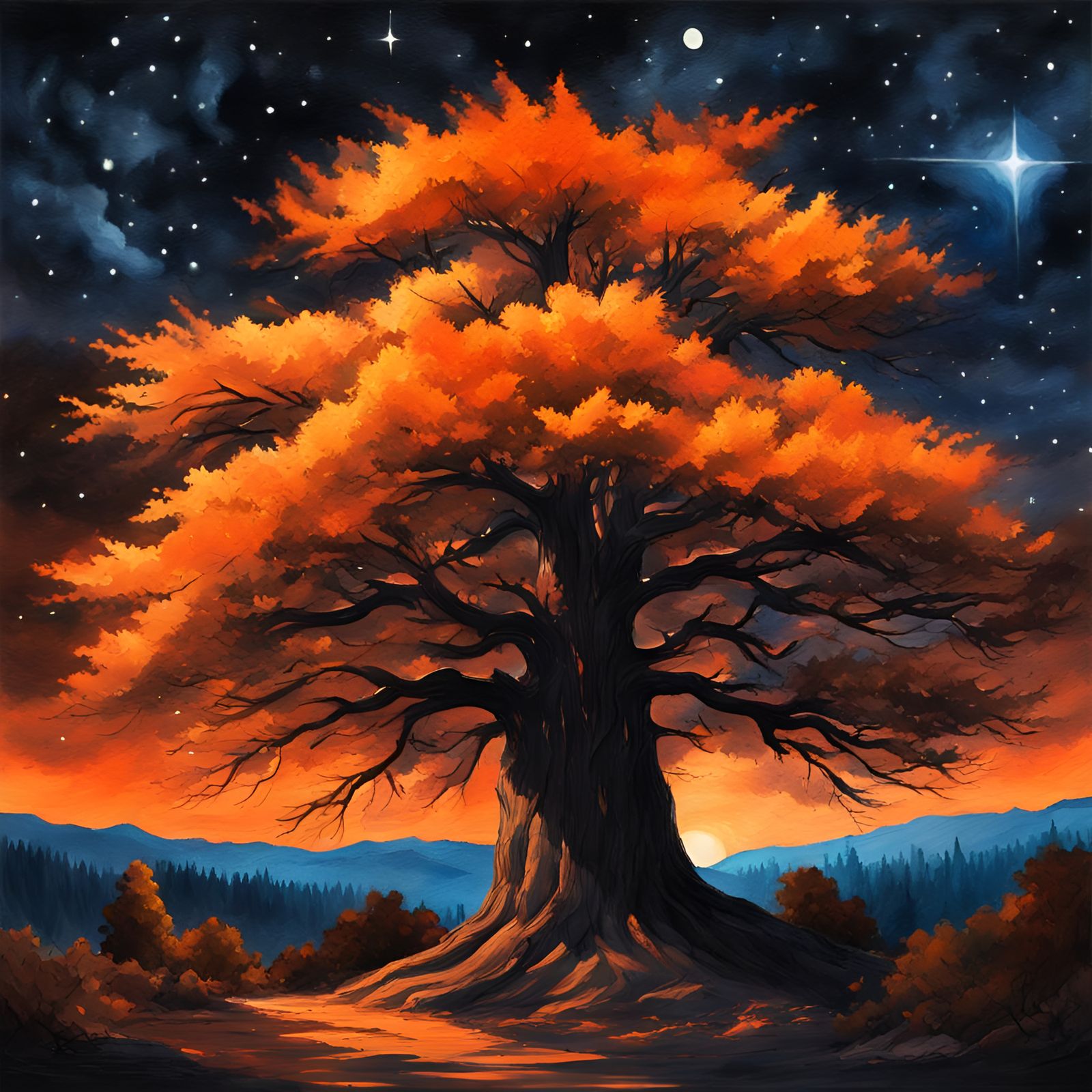 Glowing Tree in Forest at Night, Impressionist Gouache Style