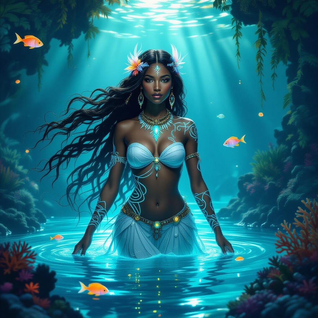 Goddess Emerges from Bioluminescent Lagoon in Art Nouveau St...