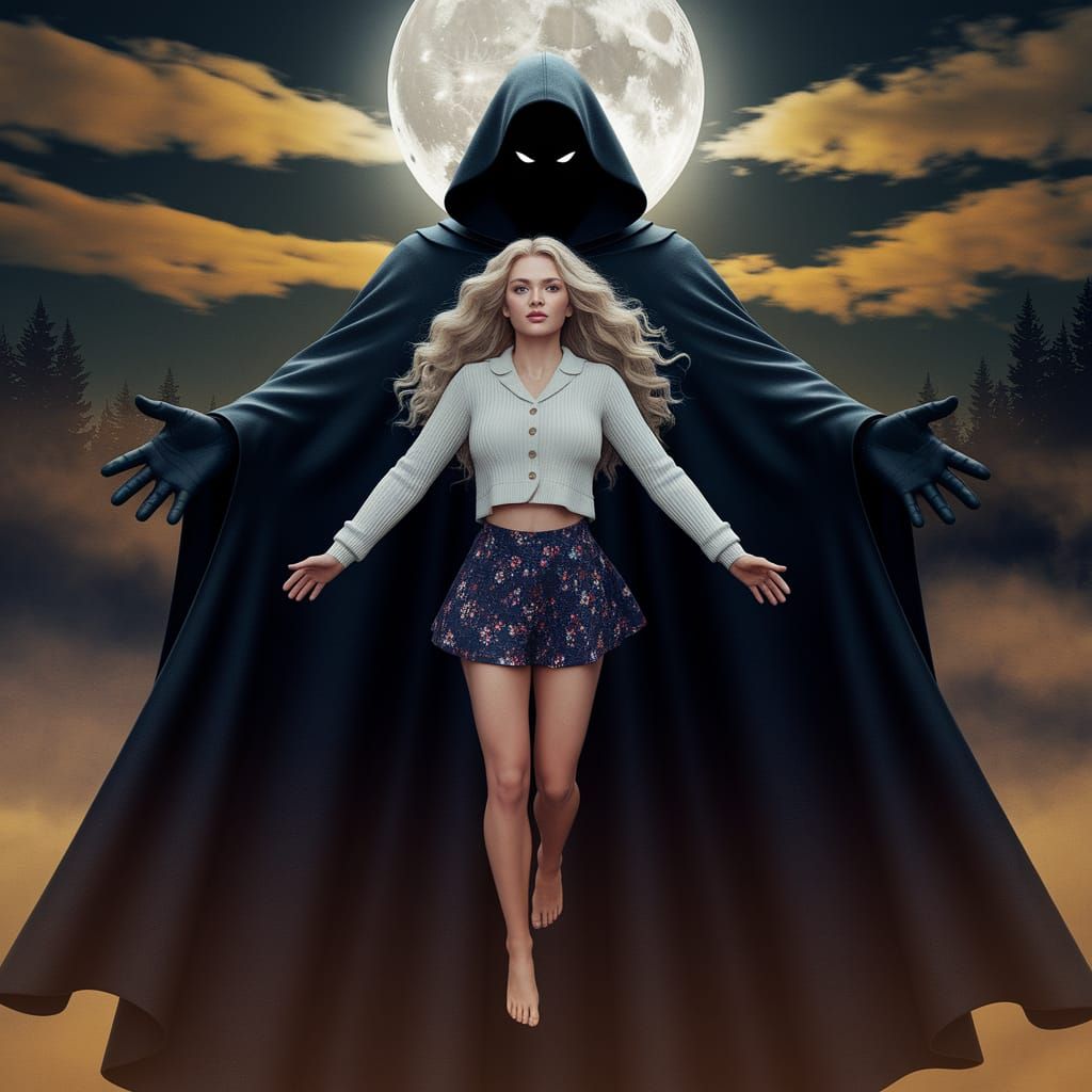Surreal Blonde Goddess Ensnared by Dark Figure in Moonlit Fo...