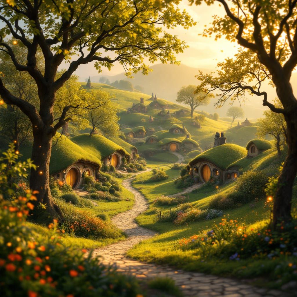 Hobbiton Village Digital Matte Painting in Golden Light