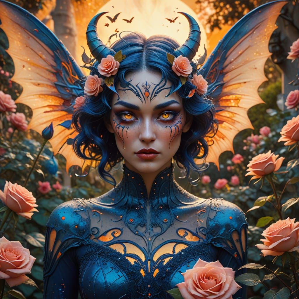 Surreal Demon Lady in Rose Garden with Art Deco Accents