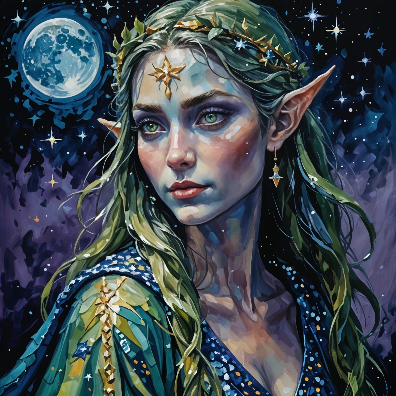 Elf Queen Portrait as Impasto Oil Painting
