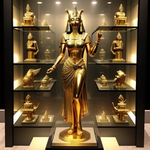 Egyptian Goddess Serket in a display case, in the British Mu...