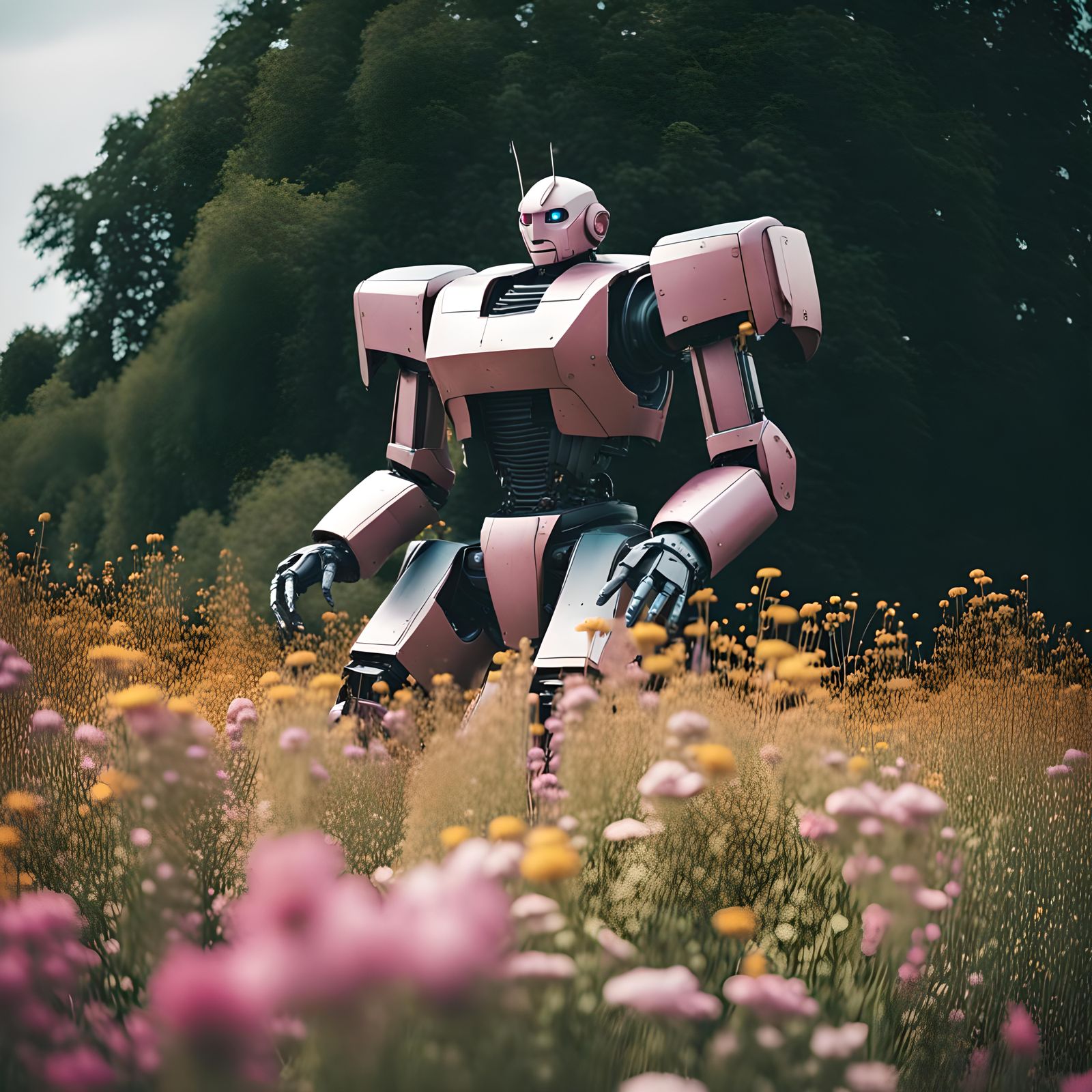 Depressed Robot in Flower Field: Cinematic Still