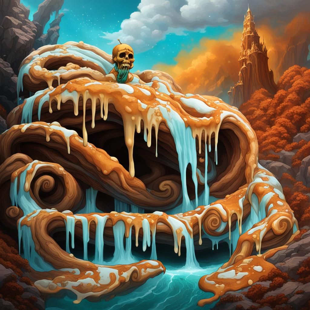 Surreal Cinnamon Rolls Descend Waterfall in Dali Style