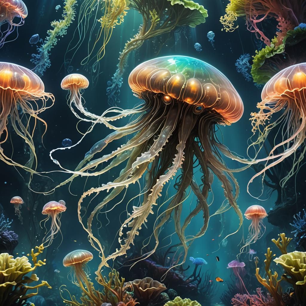 Alien Jellyfish Glides Through Bioluminescent Coral Reef