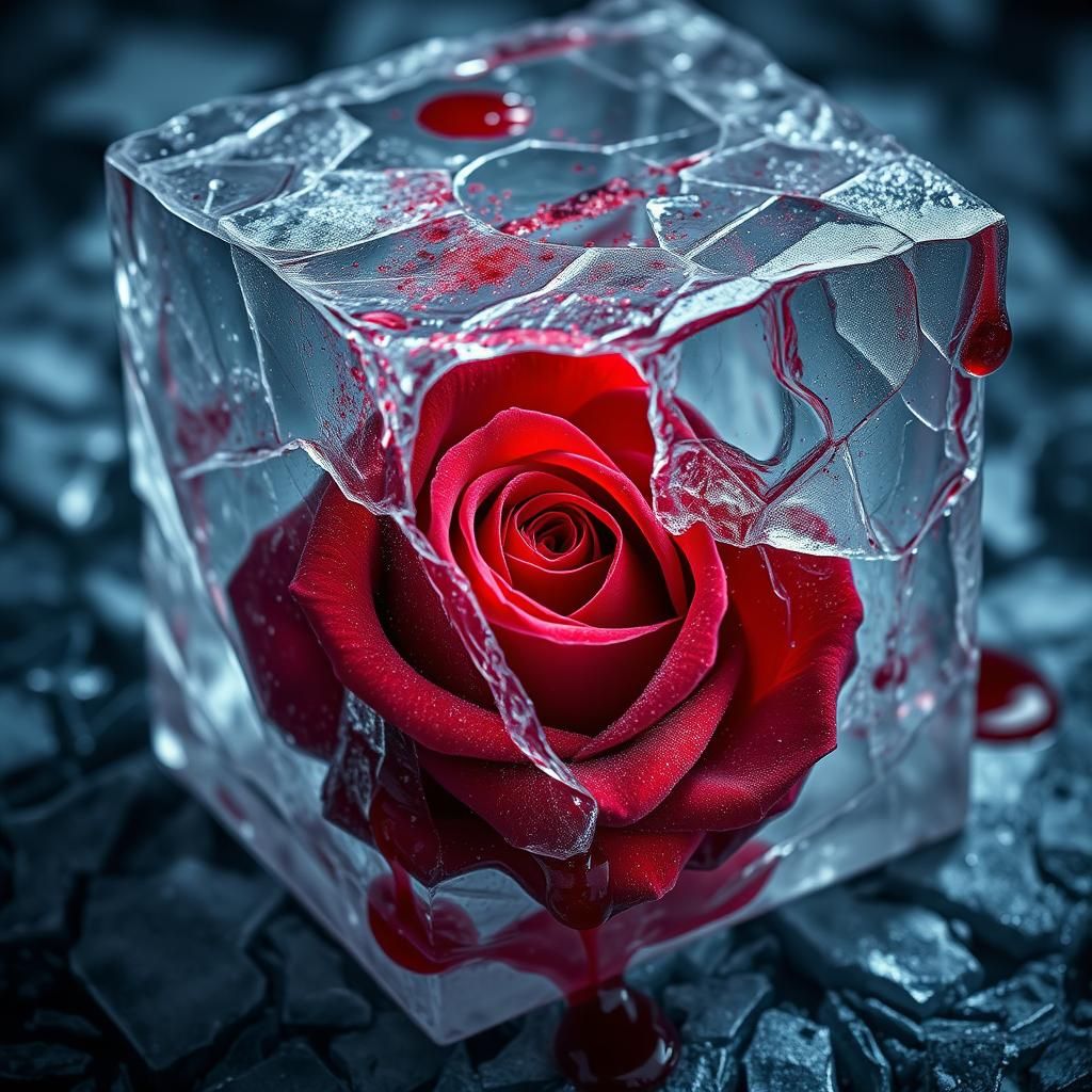 Red Rose Breaks Through Melting Ice Cube