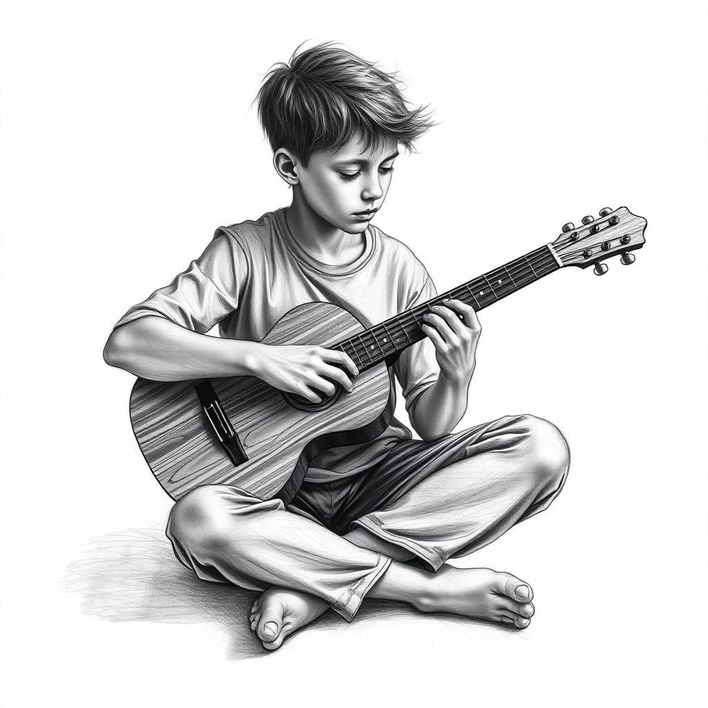 Teenage Guitarist Lost in Thought in Charcoal