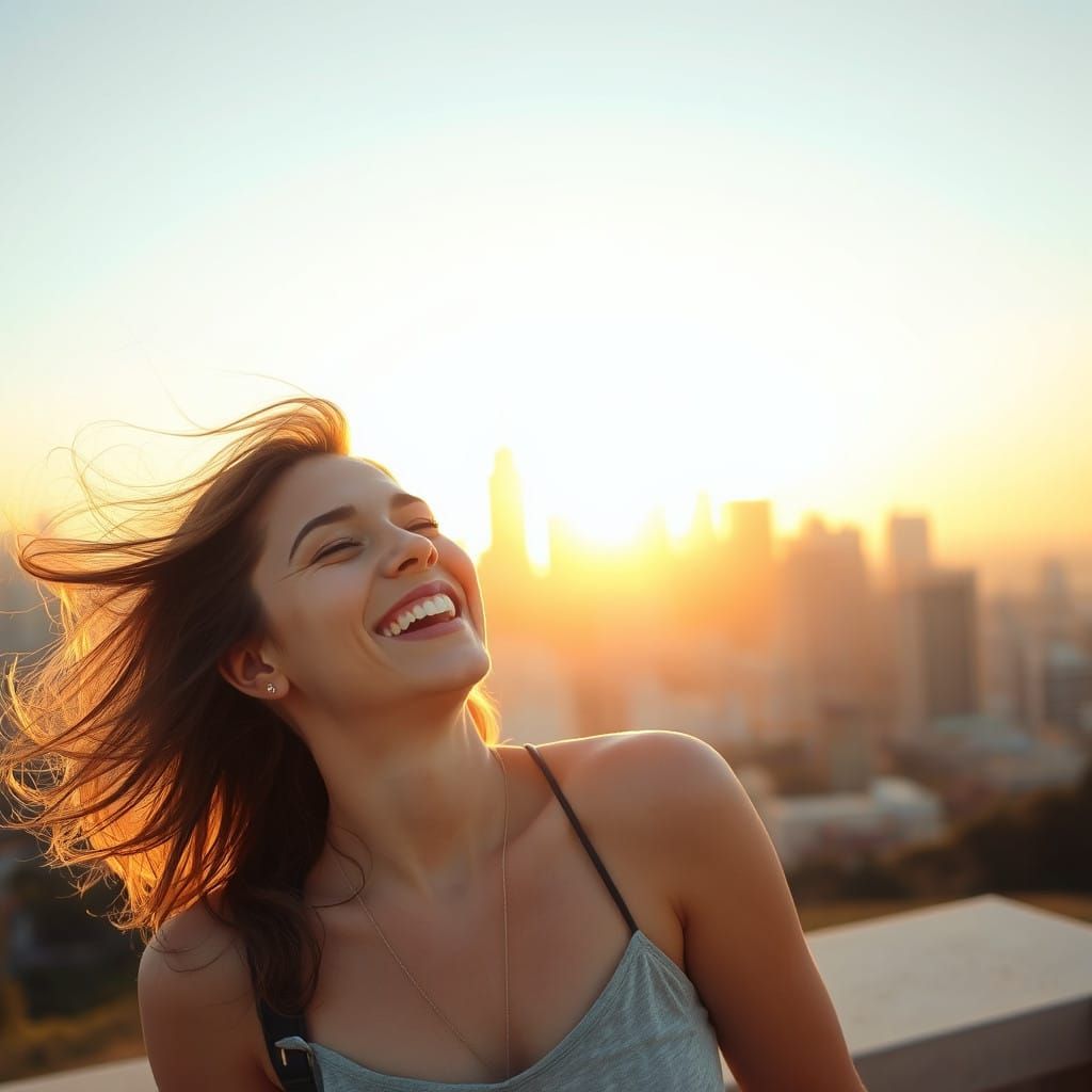 Sunny Young Woman Laughs with Joy in Vibrant Cityscape