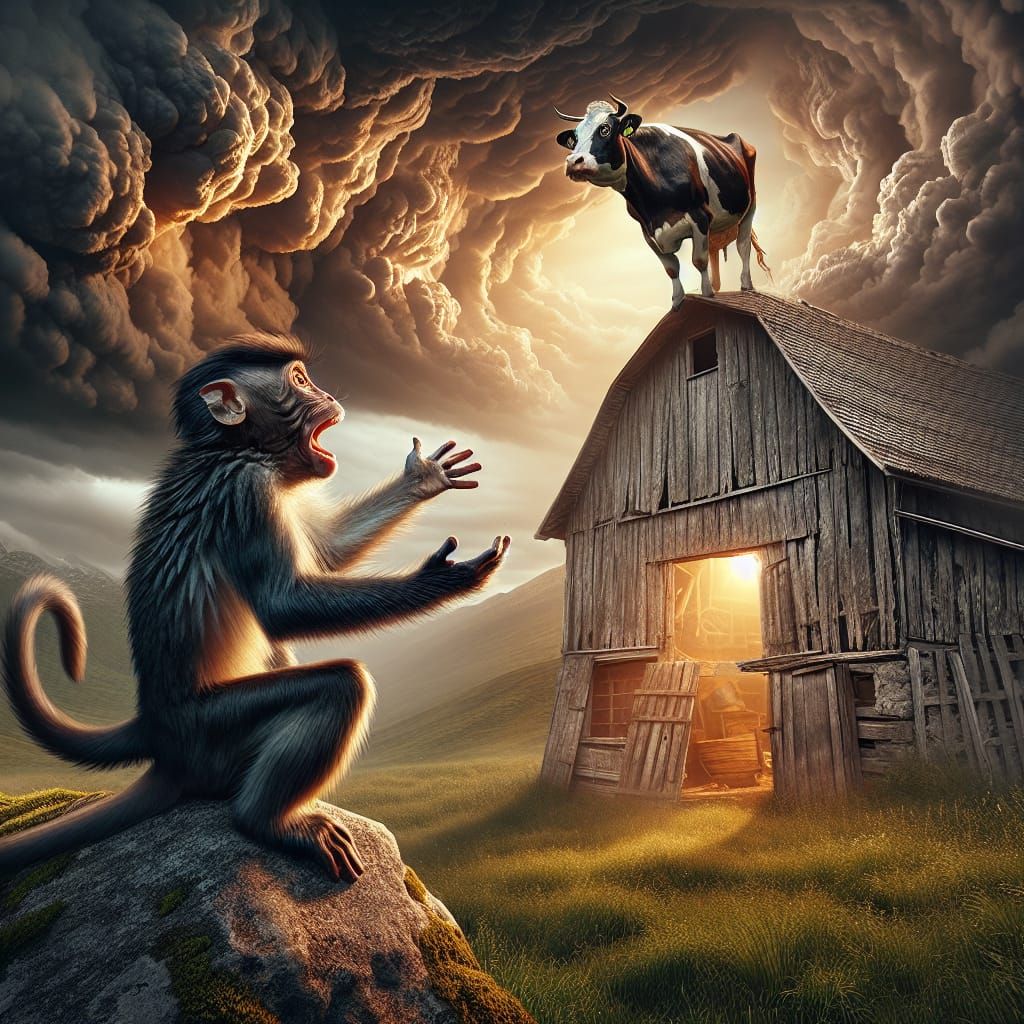 Monkey Warns Cow on Barn Roof: Digital Matte Painting