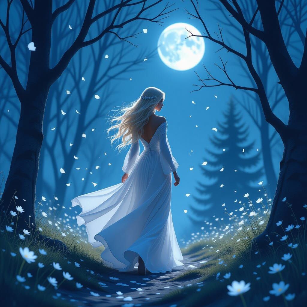 Ethereal Woman in Moonlit Landscape