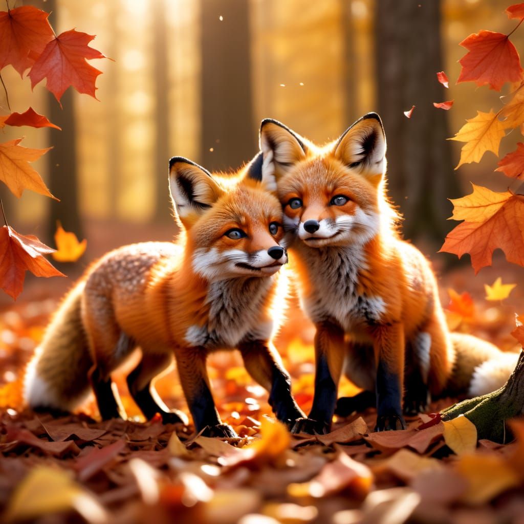 Playful Fox Kits in Golden Autumn Forest