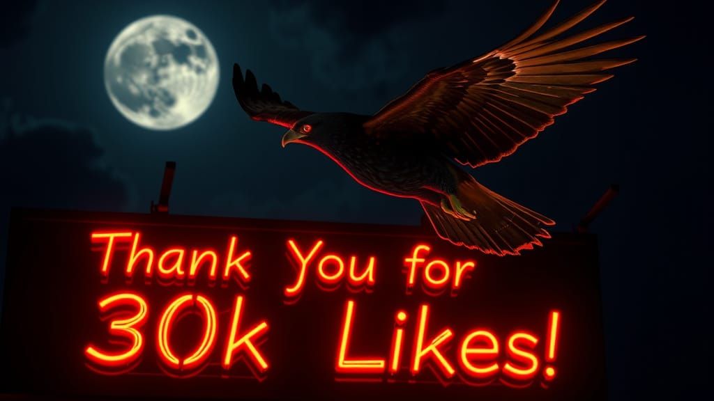 Black Falcon Flies Over Glowing Neon Sign