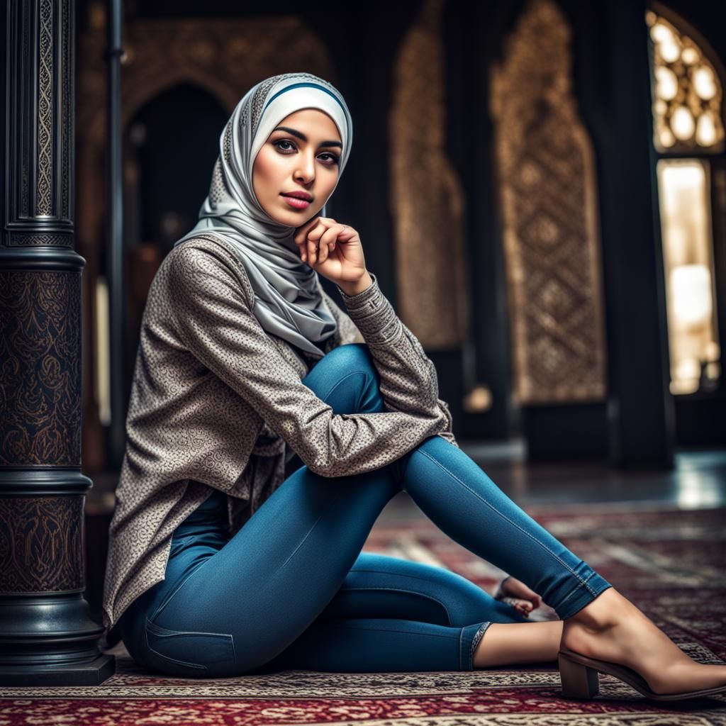 Hijab Girl in Jeans: Hyperrealistic Full Body Portrait
