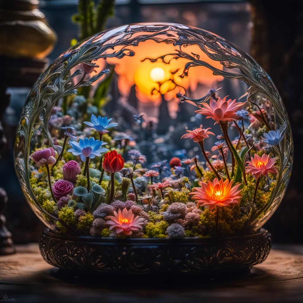 Intricate Glass Terrarium with Alien Garden