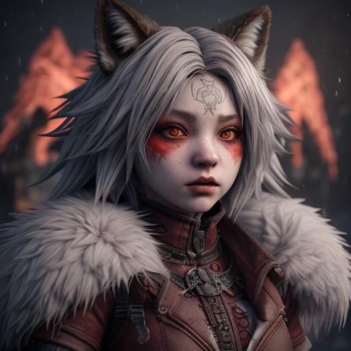 Chibi Wolf Woman Portrait in Bloody Snow